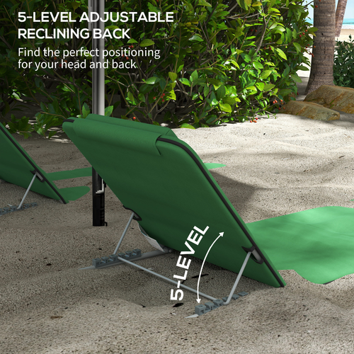 Outsunny 2 Pieces Outdoor Beach Mat Steel Reclining Chair Set with Pillow Green