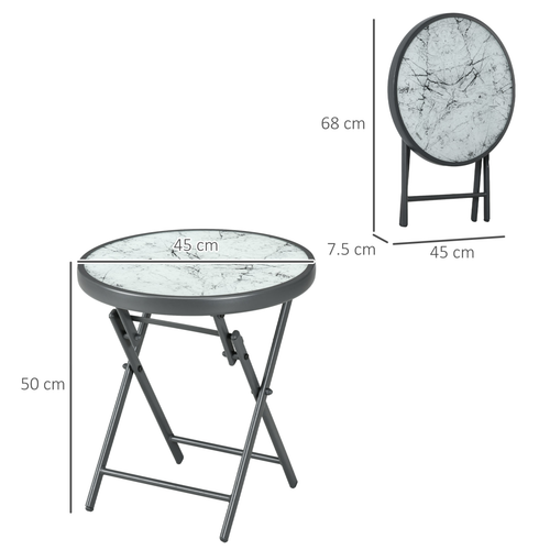 Outsunny Round Folding Side Table w/ Imitation Marble Glass Top, White