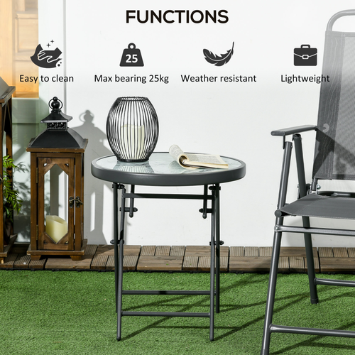 Outsunny Round Folding Side Table w/ Imitation Marble Glass Top, White