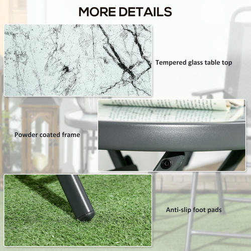 Outsunny Round Folding Side Table w/ Imitation Marble Glass Top, White