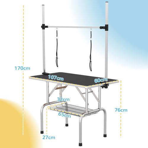 Dog Grooming Table Metal Adjustable Rubber Top 2 Safety Slings Mesh Black
