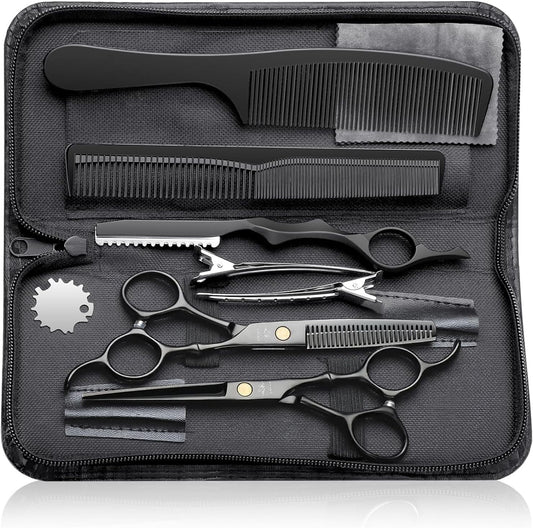 Hair Cutting Scissors Kit, Professional Barber Scissors Hairdressing Shears Set with Stainless Steel Hair Scissors Thinning Scissors for Men Women Pet 10 Pcs Black