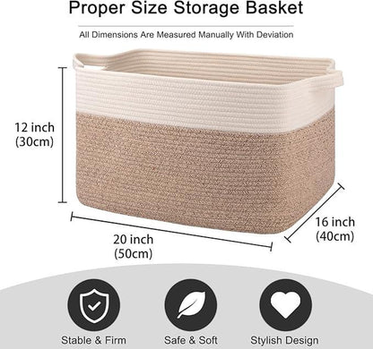 OIAHOMY 70L Blanket Basket, Cotton Rope Woven Blanket Storage for Living Room, Rectangle Woven Baskets for Storage, 20''×16''×12''