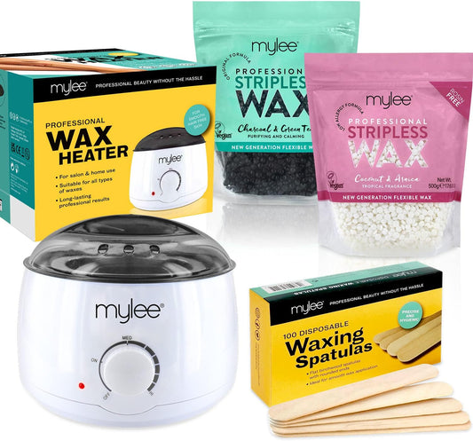 Professional Waxing Kit with Wax Heater, Hard Wax Beads 500G, Spatulas - Stripless Depilatory Waxing Pellets Solid Film Beans No Strip Needed, Made in the UK (Both Wax Pouches)