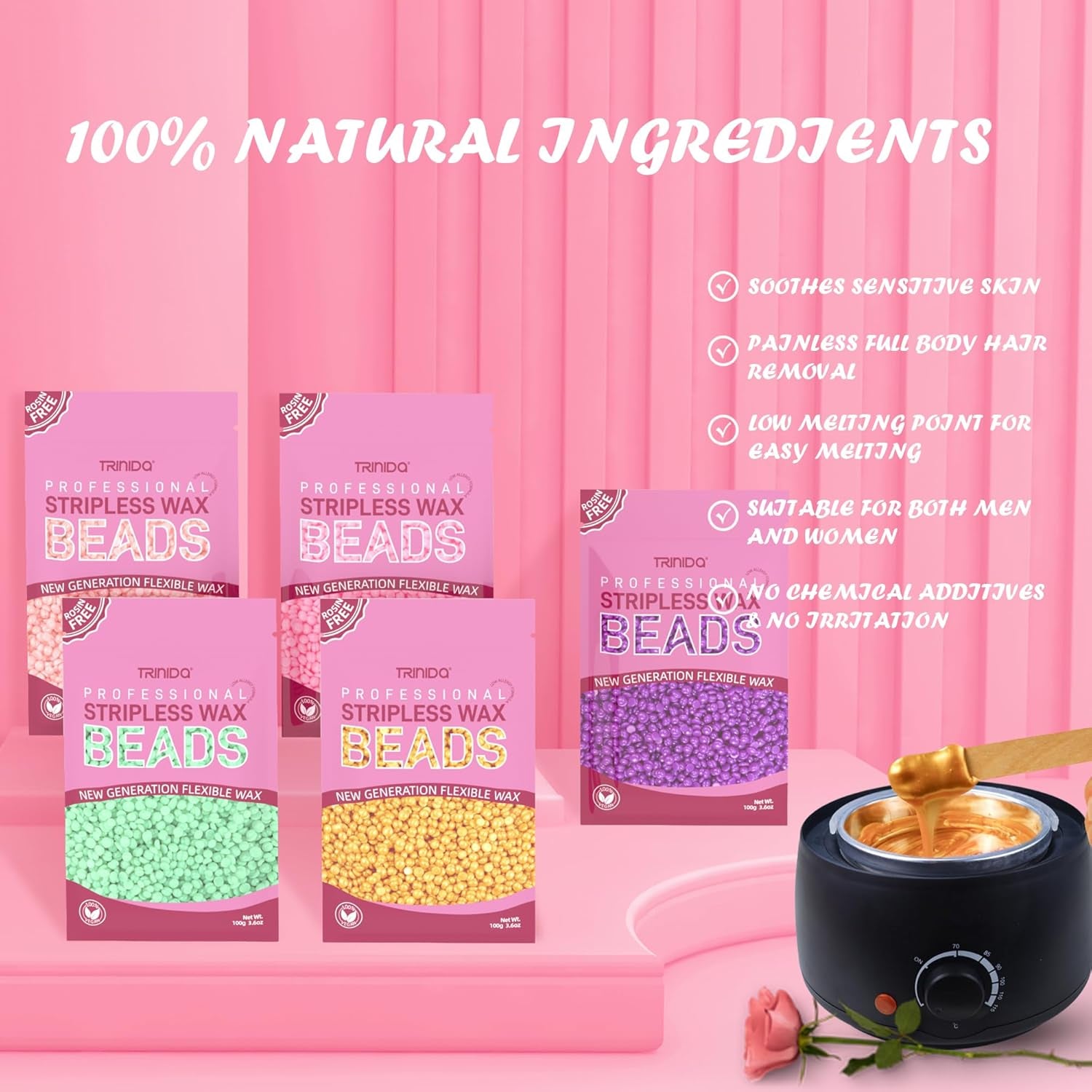 Wax Beads, Professional Hard Wax Beads 500G with 10 Applicators, for Full Body, Facial and Legs, Painless Gentle Wax Beads Hair Removal for Women and Men (5 Packs of 100G, Multi-Colour)