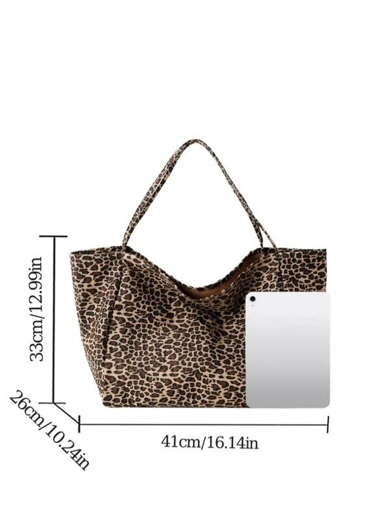 Women'S Fashion Leopard Print Shopping Tote Bag, Large Capacity Lightweight Foldable Shoulder Bag, Trendy Versatile High-Quality Daily Commuting Bag for Girl