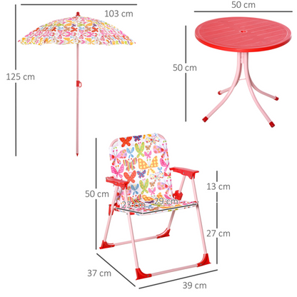Outsunny Kids Folding Picnic Table Chair Set Butterfly Pattern Outdoor Parasol