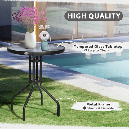 60 70H cm Round Metal Table, Tempered Glass-Black