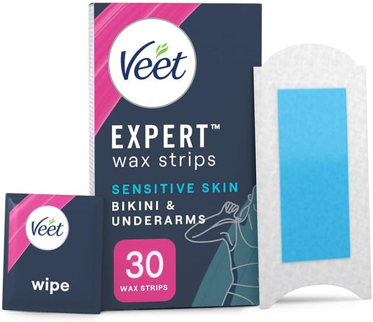 Expert Bikini and Underarm Wax Strips, 30 Count with 3 Finish Wipes, Brazilian & Sensitive Hair Removal, Almond Oil, Dermatologically Tested, Nose Kit for Men