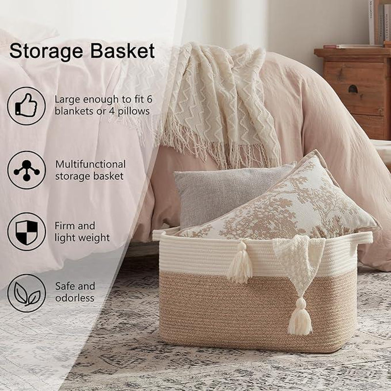 OIAHOMY 70L Blanket Basket, Cotton Rope Woven Blanket Storage for Living Room, Rectangle Woven Baskets for Storage, 20''×16''×12''