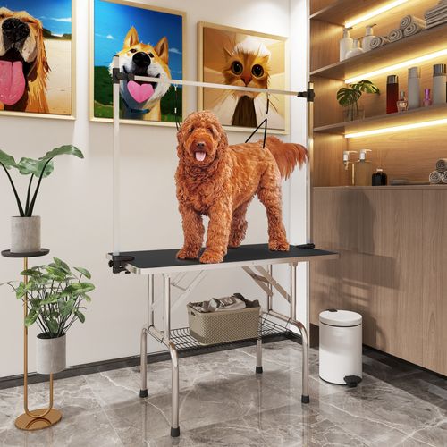 Dog Grooming Table Metal Adjustable Rubber Top 2 Safety Slings Mesh Black