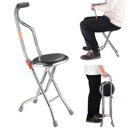 Hold 187.4 Lbs Folding 2-in-1 Folding Cane Seat ,Thickening Travel Seat and Cane, Four-Leg Folding Walking Stick, Stainless Steel Lightweight Folding Mobility Aid