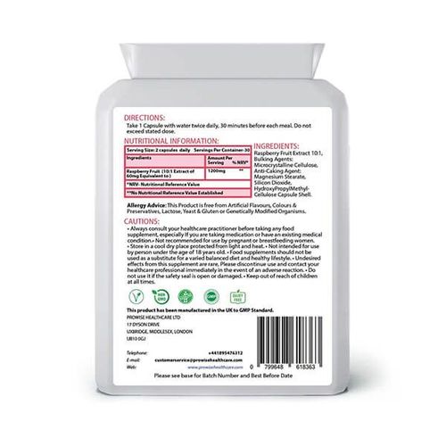 Raspberry Fruit Extract 1200mg - 60 Capsules x 2 Pack - UK Manufactured | GMP Standards by Prowise Healthcare