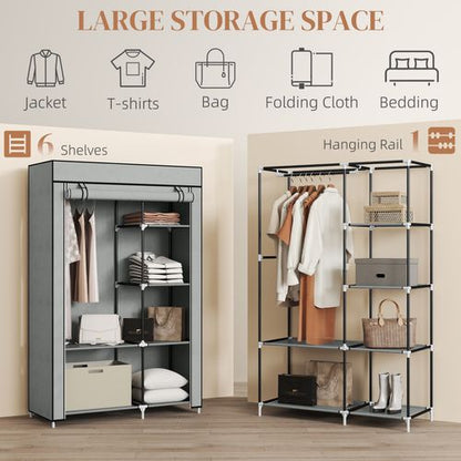 Fabric Wardrobe Portable Wardrobe with 6 Shelves 1 Hanging Rail Light Grey