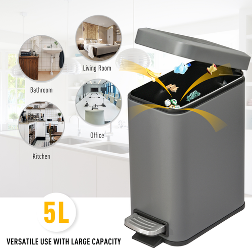 5L Steel Step Trash Can with Quiet-Closed Lid, Silent and Gentle Open,