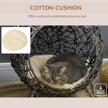 Rattan Elevated Cat House Kitten Basket Pet Bed w/ Cushion - Silver-Tone, Grey