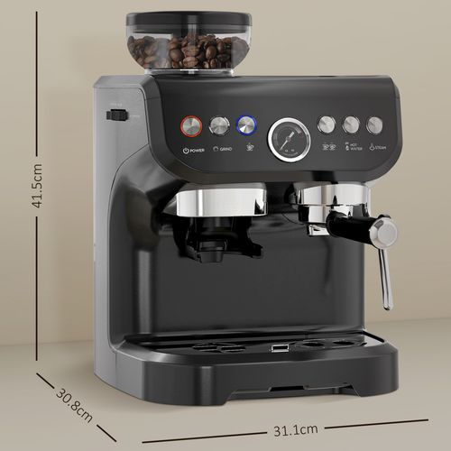 Espresso Coffee Machine w/ Integrated Bean Grinder & Steam Wand 15 Bar Pressure