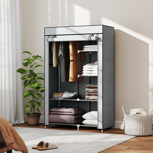Fabric Wardrobe Portable Wardrobe with 6 Shelves 1 Hanging Rail Light Grey